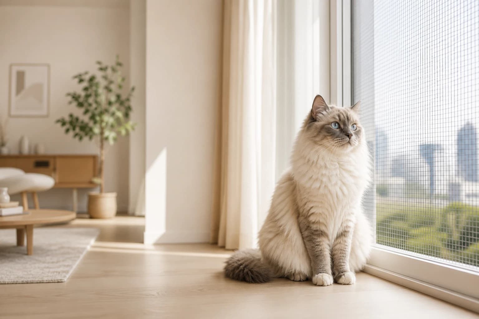 A cat sitting calmly beside a protected window in a bright Singapore home