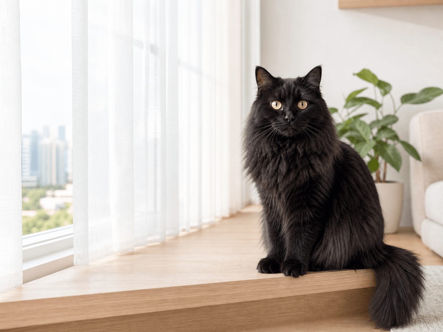 A black cat sitting on a pale timber window bench