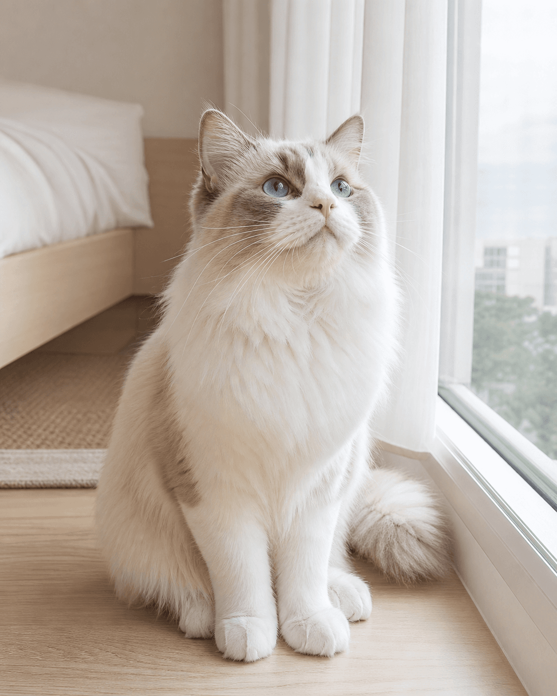 A calm cat sitting safely beside a bright protected opening