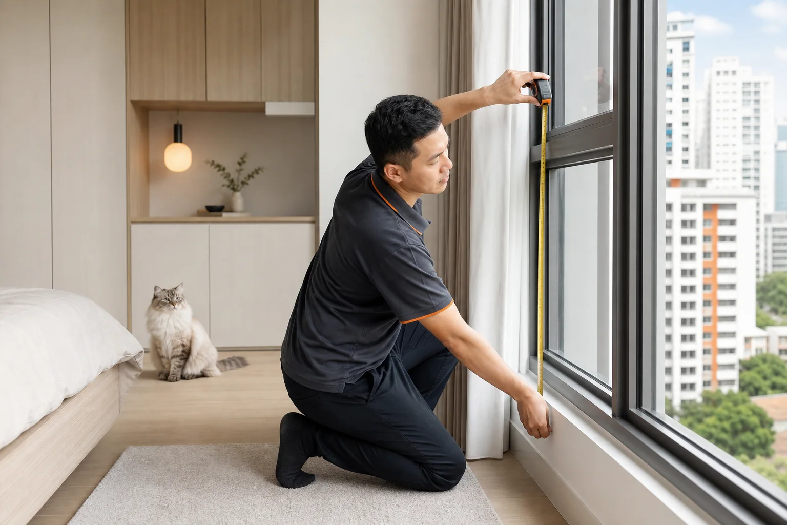 Illustrative view of a professional carefully measuring a window in a Singapore home while a cat watches safely from inside
